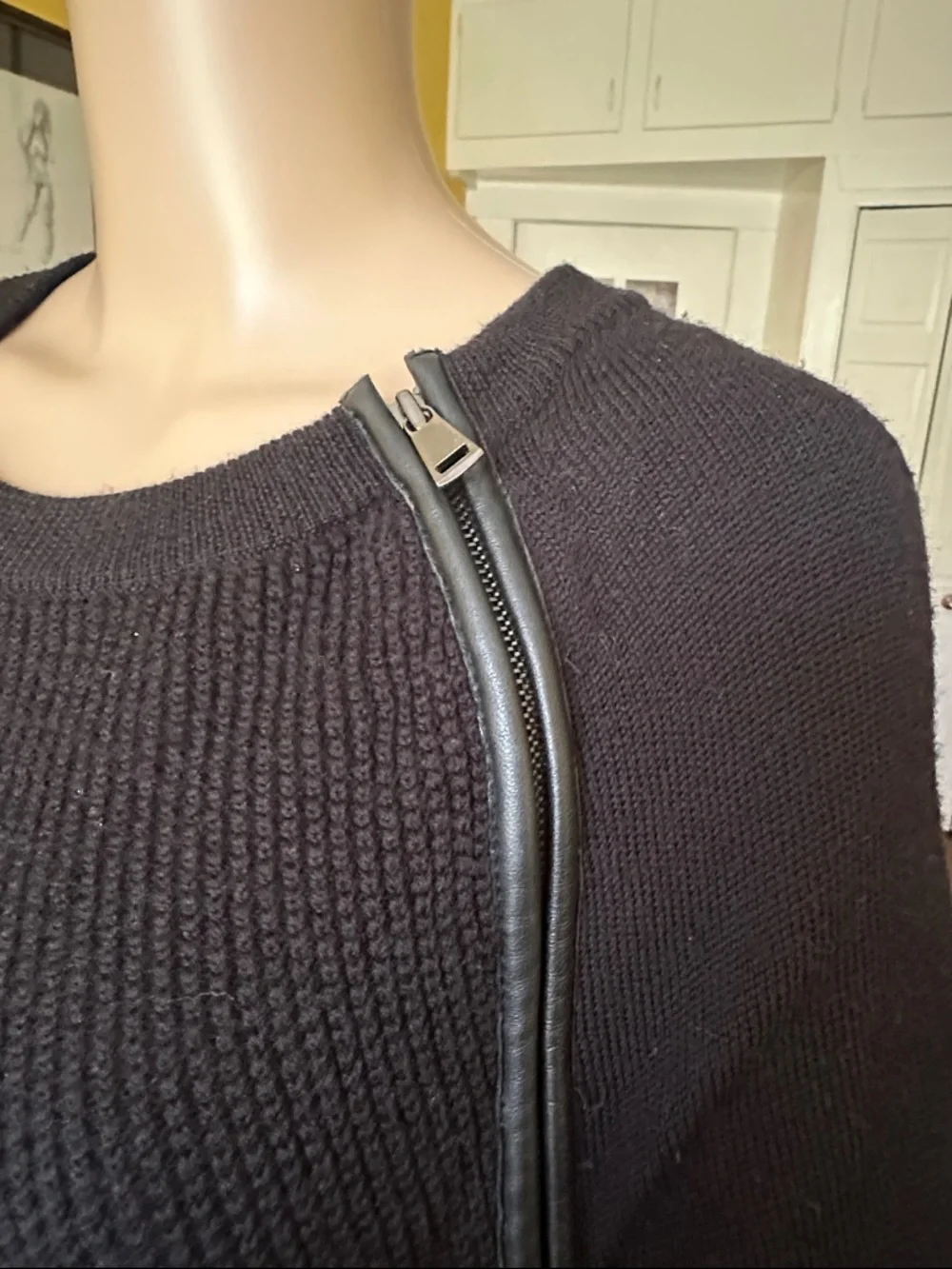 Vince Black Wool Asymmetrical Leather Trim Zip Sweater Size M